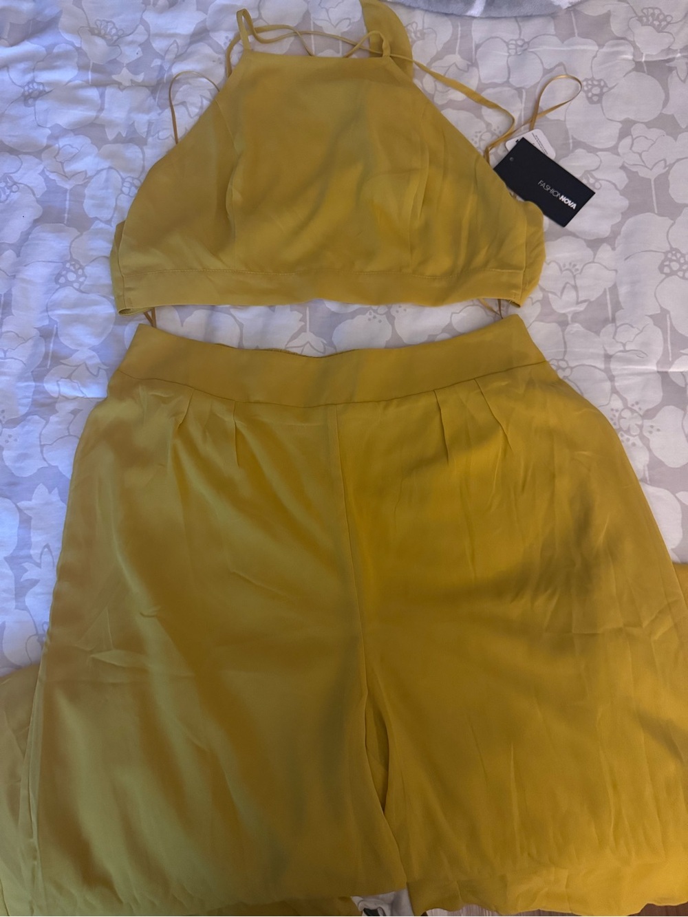 Fashion Nova Mustard Yellow Wide-Leg Jumpsuit with Tie Back Set - Picture 2 of 4